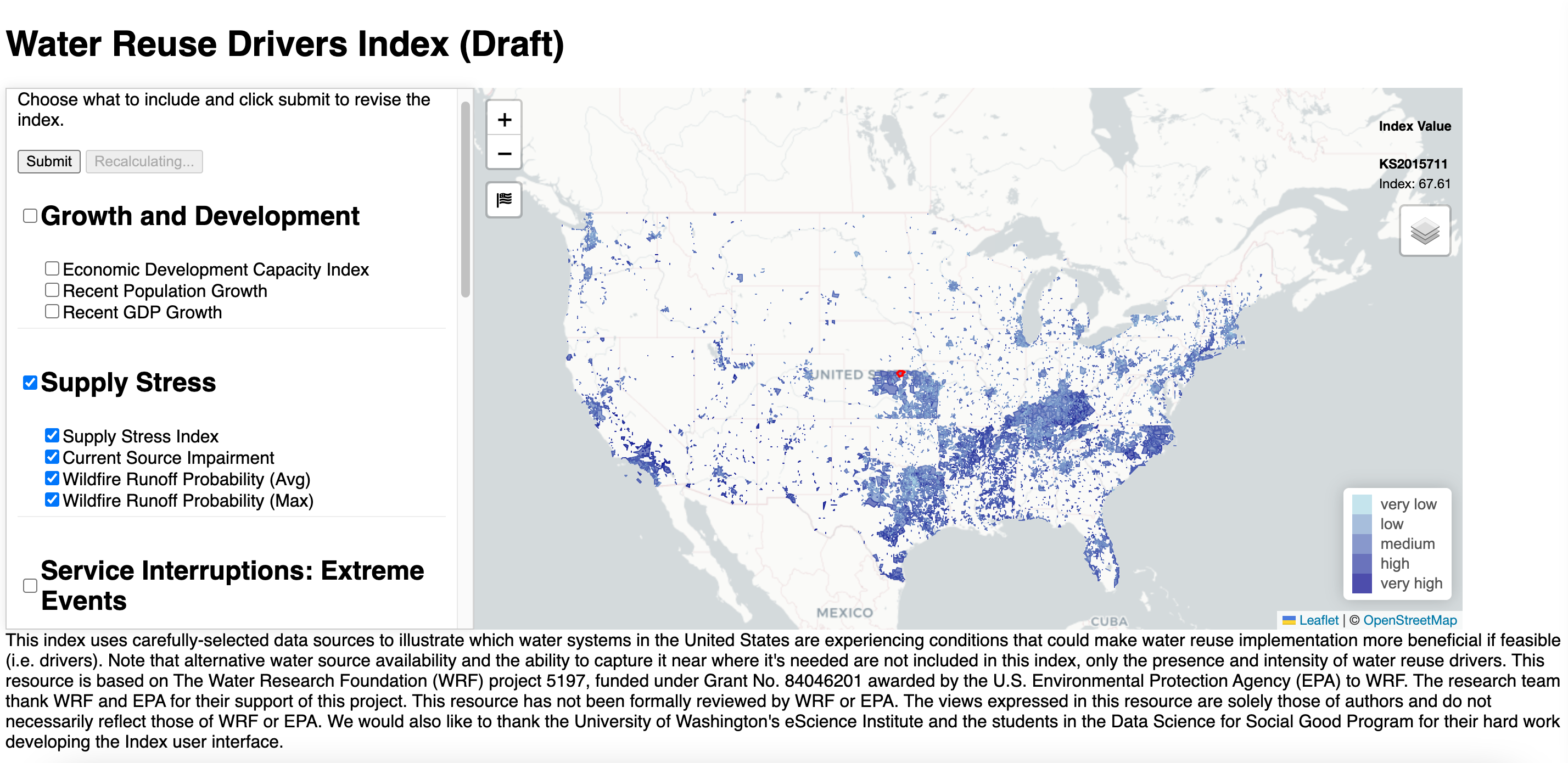 Water Reuse Potential Index displayed on a map of the United States at the water service boundary level, built with GeoNdxR.