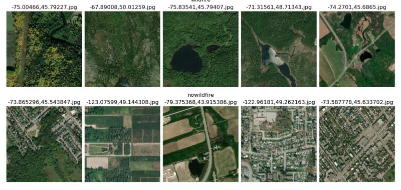Example images from the Canadian wildfire satellite image dataset showing pre-wildfire and no-wildfire labelled samples.